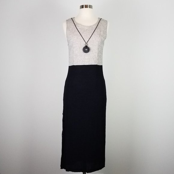 90's Vintage Sleeveless Linen Crepe Dress with Attached Pendant Necklace - Picture 1 of 9